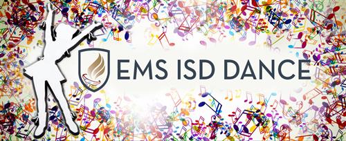EMS ISD DANCE on a field of white surrounded by multiple colored music notes with silhouette of drill team dancer